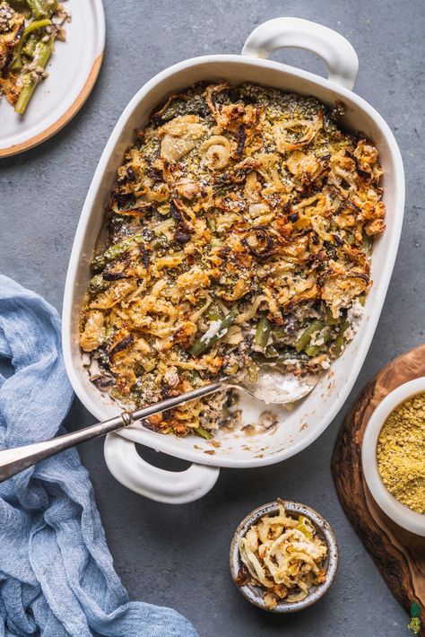 Vegan Green Bean Casserole with Baked Onions - Sweet Simple Vegan Creamy Green Bean Casserole, Creamy Green Beans, Traditional Green Bean Casserole, Vegan Green Bean Casserole, Baked Onions, Vegan Mashed Potatoes, Vegan Casserole, Vegan Pumpkin Pie, Vegan Christmas Recipes