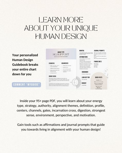 You deserve to be the best version of yourself🤍👇🏼 So let’s talk about how we can create this self by listening to our unique design!✨ Swipe for your Energy Type and share with a friend🤗 To get a complete breakdown of your HD chart in a way that is easy to understand and easily applied— with extra tools like worksheets, affirmations, journal prompts, checklists, and more… check out my personalized Human Design Guidebooks!🙌🏼 👉🏼Comment “MYGUIDE” and I will send you the link to get yours!✨ #... Affirmations Journal, Best Version Of Yourself, Human Design, Be The Best, Journal Prompts, Guide Book, You Deserve, Role Models, Mantra