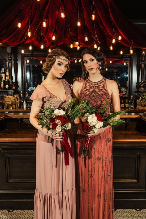 Vintage 1920s Gowns | Red + Mauve Maxi Flapper Dresses Speak Easy Themed Wedding, 1920s Style Wedding Decor, Great Gatsby Outdoor Wedding, Speak Easy Wedding Theme, Old Hollywood Bridesmaid Dresses, Gatsby Wedding Decorations, 30s Wedding, Speakeasy Style, 1920 Wedding