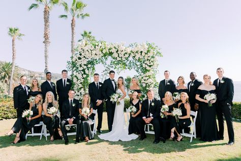 Keeley and Patrick’s Chic Black Tie Wedding at the Montage in Laguna Beach - Jana Williams Photography Blog Black Tie Wedding Family Photos, Black Tux Beach Wedding, Black Tie Bridal Party, Black Tie Outdoor Wedding, All Black Bridal Party, Black Tie Beach Wedding, Black Tie Wedding Party, Black Beach Wedding, Black Tie Wedding Theme