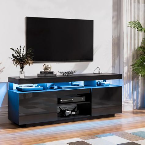 Modern & Power Outlets】TV stand is equipped with 4 standard plug outlets and a 6.5ft power cord, allowing you to conveniently charge your phone, WiFi router, iPad, and more. 【Spacious Storage Space】Offers 5 open shelves and 2 large cabinets. Store DVDs, CDs, gaming devices, books, etc. The removable middle shelf allows customization, perfect for your PS5 and gaming gear. The back wire holes also help you organize wires and cables to ensure a neat and clean line of sight. Large Cabinets, Gaming Tv, Tv Consoles, Grey Tv Stand, Tv Entertainment Centers, Black Tv Stand, Led Tv Stand, Modern Entertainment Center, Media Table