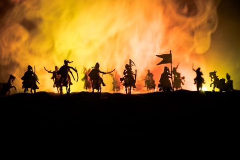 Medieval battle scene with cavalry and infantry. Silhouettes of figures as separate objects, fight between warriors on dark toned foggy background. Night scene. Selective focus Battle Art Scene, Warrior Background, Battlefield Background, Battle Background, Foggy Background, Maratha Empire, Medieval Battle, Architecture Representation, Background Night