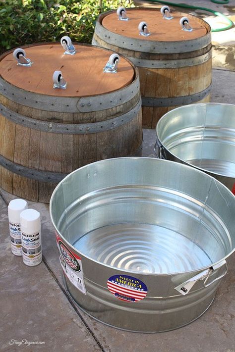 Wine Barrel Beverage Tub | FrugElegance | www.frugelegance.com Half Wine Barrel Ideas, Wine Barrel Diy, Wine Barrel Coffee Table, Whiskey Barrel Table, Wine Barrel Decor, Wine Barrel Crafts, Barrels Diy, Wine Barrel Table, Barrel Ideas