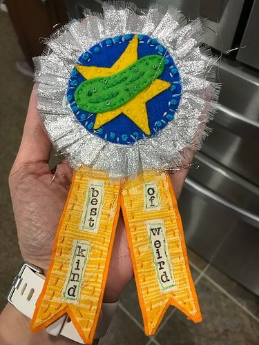 Best Kind of Weird - Trophy Ribbon - Fiber & Textile / Completed Projects - the Lettuce Craft Forums Handmade Trophies, Trophy Diy, Award Ribbons, Bosses Day, Boss' Day, My Boss, Fibres Textiles, Button Pins, Crafts To Do