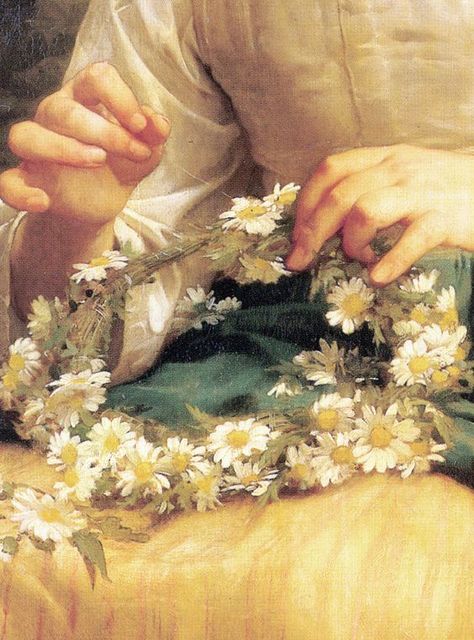 Child Braiding A Crown 1874  ~ William Adolphe Bouguereau  (detail) William Adolphe, Jan Van Eyck, William Adolphe Bouguereau, 수채화 그림, Braids For Kids, Old Paintings, Yellow Aesthetic, Classical Art, Mellow Yellow