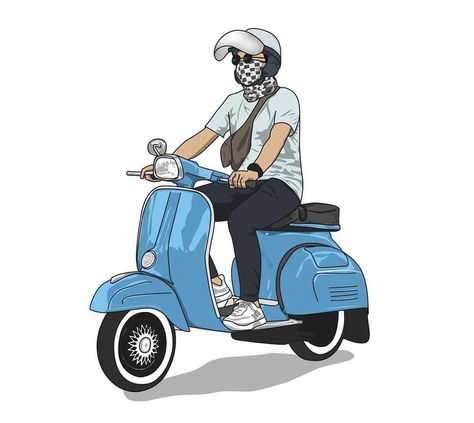 Person On Motorcycle Drawing, Cartoon Motorbike, Vespa Cartoon, Moped Illustration, Couple Riding Motorcycle Cartoon, Scooter Drawing, New Vespa, Motorbike Illustration, Biker Logo