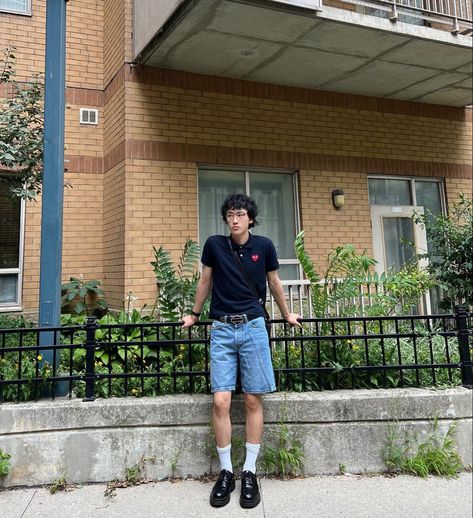 South Korean male boy with jorts cdg comme dés garçon polo shirt loafers outfit Style With Polo Shirt, Jorts With Loafers Outfits, Polo Tee Outfit Men, Loafers With Jorts, Polo And Shorts Outfit Men, Jorts Loafers, Polo Men Outfit, Short Outfit Men, Jorts Outfit Idea Men