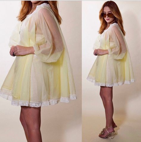 Rare 1960s vintage pale yellow mini hippie sheer nightie / babydoll dress with white lace trim swing style long sleeves women's size small Sheer Sleeves Mini Dress, Babydoll Dress Nightwear Vintage, 70s Babydoll Dress, Sheer Babydoll Dress, 1960s Nightwear, Vintage White Sheer Dress, 60s Babydoll Dress, 1960s Babydoll Dress, Sheer Dresses Outfit