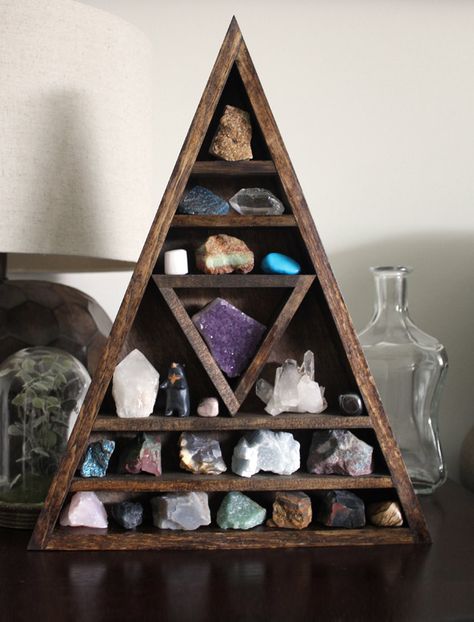 Large Crystal and Mineral collection in handmade by stoneandviolet Rock Collection Display, Wooden Pyramid, Gem Display, Decoration Hall, Bear Sculptures, Crystal Display, Wooden Shelf, Mineral Collection, Rock Collection