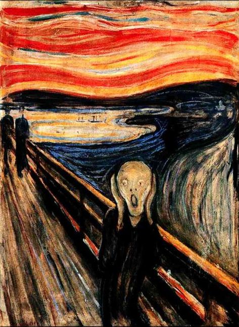 The Scream in a good example of The rule of thirds because the composition is not split in half vertically or horizontally. The person screaming is slightly off centered- but if it were centered it would’ve created a slightly unnatural composition. Yet the person is not too out of the edge where they would lose focus from viewers. Karma Chameleon, Le Cri, Most Famous Paintings, The Scream, Edvard Munch, Johannes Vermeer, Michael Scott, Arts Ed, Old Master