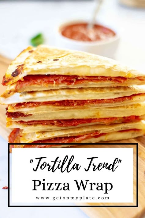 This Easy Pizza Tortilla Wrap can also be called the "Tortilla Trend" or the "Tortilla Hack" that went viral on Tik Tok in late 2020/2021. This tortilla wrap can be customized in so many different ways, but in this version, we use simple pepperoni pizza ingredients. In this recipe, I will show you exactly how to make the "tortilla trend" wrap along with many variations! #tortillatrend #tortillahack #easypizza #pizza | www.getonmyplate.com Tortilla Trend, Recipe Using Tortillas, Tortilla Hack, Pizza Wrap, Pizza Tortilla, Pizza Wraps, Easiest Recipes, Tortilla Wrap, Flat Breads