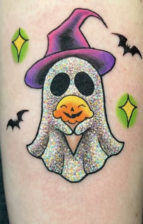 Spooky Cow Tattoo, Ghost Witch Tattoo, Small Spooky Tattoos For Women, Colorful Ankle Tattoos For Women, Boo Bees Tattoo, Flash Tattoo Halloween, Eerie Tattoos, Cute Spooky Tattoos, Glitter Tattoo Ideas