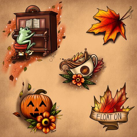 Drawn by @vintagexiv on Instagram! Pumpkin Spice Tattoo, Fall Tattoo Flash, Fall Tattoo Ideas Autumn, Inkwell Tattoo, Vibe Tattoos, Fall Tattoos, Fall Tattoo, Autumn Tattoo, 2024 Wishlist