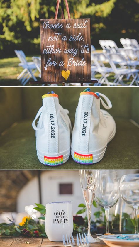 Same sex wedding at Tyler Arboretum / gay wedding decor / wife of the party wedding mugs / rainbow converse custom with wedding date / choose a seat not a side, either way it's for a bride wedding sign Queer Wedding Ideas Decor, Rainbow Lesbian Wedding, Lgbtq Wedding Two Brides Ideas, Lesbian Wedding Color Schemes, Queer Wedding Decor, Lesbian Country Wedding, Lesbian Wedding Ideas Decor, Mrs And Mrs Lgbt Wedding Ideas, Wedding Lesbian Ideas