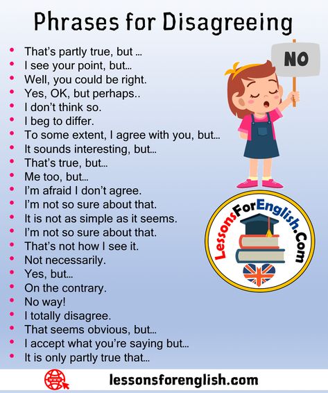 Phrases for Disagreeing in English Phrases It is not as simple as it seems. I’m not so sure about that. That’s not how I see it. Not necessarily. Yes, but… On the contrary. No way! I totally disagree. That seems obvious, but… I accept what you’re saying but… It is only partly true that… That’s partly true, but … I see your point, but… Well, you could be right. Yes, OK, but perhaps.. I don’t think so. I beg to differ. To some extent, I agree with you, but… It sounds interesting, but… That’s ... How To Say Ok In Different Ways, Agree And Disagree Phrases, It's Not What You Say But How You Say It, English Learning Spoken, Essay Writing Skills, Conversational English, English Vocab, Interesting English Words, Good Vocabulary Words