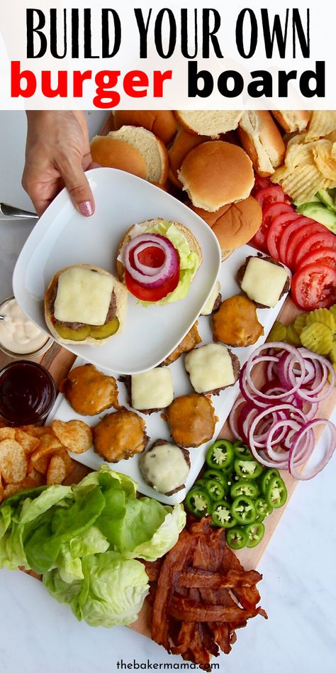 DIY Burger Board that is loaded with all the fixings to the ultimate burger tray. Buns, condiments, toppings and more. Great for game day snacking, parties, summer cookouts and more. #burgers #board #diy #howtomake #boardplatter #platter #ideas #party #foracrowd Hamburger Fixings Tray, Hamburger Night Ideas, Burger Night Ideas, Burger Topping Ideas, Ultimate Burger, Burger Night, Bbq Burgers, Slow Cooker Meatballs, Relish Trays