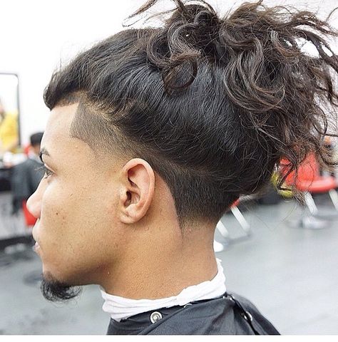 Love it! Tape Up Haircut Men Long Hair, Man Bun With Taper, Taper Fade Curly Hair Men Long, Manbun Undercut Fade, Long Hair With Taper, Long Hair Taper, Mens Long Hair Undercut, Taper Fade Long Hair, Long Hair Fade