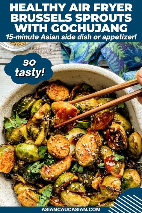 In just 15 minutes, you can whip up a batch of crispy Air Fryer Brussels Sprouts with Gochujang that will leave your taste buds tingling. Roasting Brussels sprouts has never been easier or more delicious! This healthy Asian air fryer recipe is a simple side dish for family dinners or serve it as an Asian appetizer at your next dinner party, backyard BBQ, football party or world cuisine night! Dinner Party Backyard, Asian Brussel Sprouts, Air Fryer Brussels Sprouts, Asian Fusion Recipes, Asian Appetizers, Asian Side Dishes, Healthy Asian, Party Backyard, Air Fryer Recipe