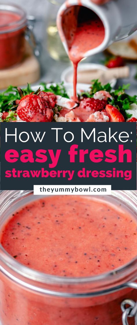 Make easy and quick 5 minute Strawberry Poppyseed Salad Dressing for salads, roasted vegetables, grilled cheese, poultry, or steamed/grilled fish. The taste of this ‘’Strawberry vinaigrette’’ is so luxurious that you’ll love adding it to many of your recipes as it instantly brightens any dish. Strawberry Salad With Poppyseed Dressing Taste Of Home, Strawberry Salad Dressing Homemade, Fruit Based Salad Dressing, Easy Strawberry Vinaigrette, Strawberry Poppyseed Salad Dressing, Salad Dressing For Strawberry Salad, Homemade Strawberry Vinaigrette Dressing, Strawberry Vinaigrette Salad, Strawberry Vinaigrette Recipe