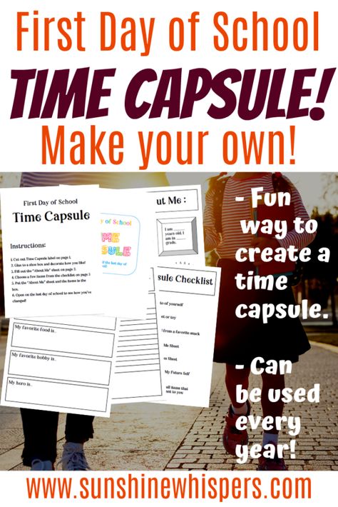 Make your very own first day of school time capsule! It is a fun way to keep track of how your kids change over the course of the year. Use the FREE printable to write what the children say. It is so much fun to look at at the end of the year to see what has changed! The best part, you can use these printables each year and do this every school year you want. #school #backtoschool #timecapsule #famiilyfun #familyactivities #freeprintable School Time Capsule, Minion Crafts, School Tips, Comprehension Worksheets, Fun Family Activities, Kid Activities, Beginning Of School, Activity Days, School Time