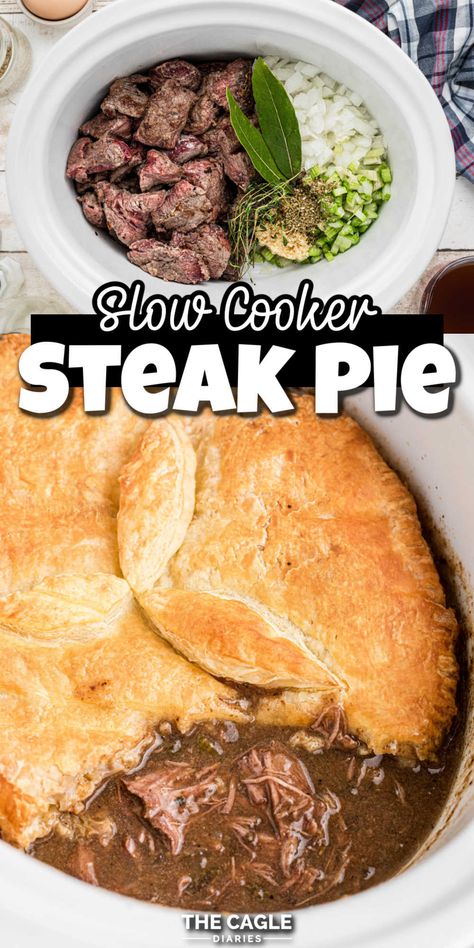 This slow cooker steak pie recipe is super easy and having the steak pie filling cook all day in the crock pot like this allows for the most tender, full of flavor steak pie you ever had! Learn this neat trick with the puff pastry top too. Slow Cooker Steak Pie, Steak Pie Recipe, Veg Pie, Crock Pot Inspired Beef Recipes, Steak Pie, Slow Cooker Steak, Pepper Steak Recipe, Fall Crockpot Recipes, Steak And Ale