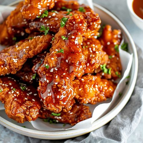 Experience the perfect blend of sweet and spicy with "Sweet Heat: Hot Honey Chicken Tenders." These crispy chicken tenders are coated in a delectable hot honey glaze that will tantalize your taste buds. Ideal for Sweet Heat Chicken Tenders, Sweet N Spicy Chicken, Hot Honey Chicken Wrap, Honey Hot Chicken Tenders Recipe, Honey Glaze For Chicken, Hot Honey Chicken Tenders Air Fryer, Saucy Chicken Tenders, Homemade Crispy Chicken Tenders, Honey Glazed Chicken Tenders