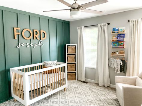 Modern Board and Batten Wall Nursery - Project Nursery Toddler Room Accent Wall Boy, Neutral Nursery Accent Wall, Vertical Board And Batten Wall, Ford Nursery, Boy Room Accent Wall, Nursery Accents, Nursery Accent Wall, Batten Wall, Green Accent Walls