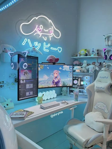 #pcsetup #bluesetup #pcgaming #gamingsetup #gaming #blue #cinamoroll #sanrio #cutesetup #cutedecor Pc Gaming Desk, Gaming Desk Setup, Gamer Room Decor, Pc Gaming Setup, Room Redesign, Anime Room, Gaming Room Setup, Cute Bedroom Decor, Cute Room Ideas