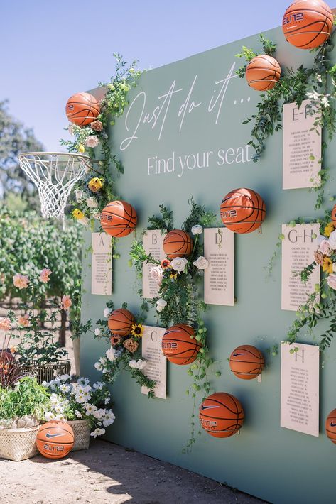 Jackie + Kelly’s Cheerful I do’s at Sunstone Villa — paper cliché Basketball Wedding, Sunstone Villa, Santa Ynez Wedding, Theme Baskets, Basketball Theme, Santa Ynez, Card Display, Love And Basketball, Seating Plan