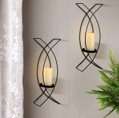 Vesici Set of Two Wall Sconces Metal Sconces Wall Decor Wall Candle Holder Candle Sconce Candle Holder Wall Decor for Living Room Bedroom Dining Room Wall Decorations, Black. Click to shop on Amazon. #homedecor #sconce Wall Mounted Candle Holders, Spiral Candles, Candle Holders Wall Decor, Stylish Wall Decor, Wall Candle, Iron Candle Holder, Dining Room Wall, Dining Room Wall Decor, Wall Candle Holders