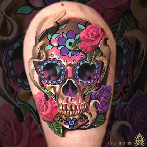 Sugar Skull by Marcus Max, an artist at Art of Fiftythree in Vienna, Austria. Skull Roses Tattoo, Sugar Candy Skulls, Mexican Skull Tattoos, Tattoo Crane, Candy Skull Tattoo, Skull Tattoo Designs, Candy Tattoo, Sugar Skull Tattoo, Small Wave Tattoo