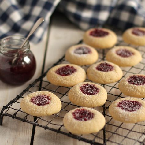 Raspberry Jam Thumbprint Cookies | Baking Mad | Baking Mad Jam Thumbprint Cookies Recipe, Jam Biscuits, Raspberry Coffee Cakes, Raspberry Thumbprint Cookies, English Recipes, Jam Thumbprint Cookies, Thumbprint Cookies Recipe, Buttery Shortbread Cookies, Vanilla Recipes