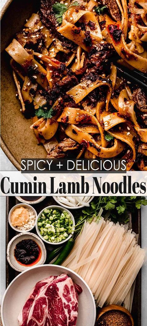 These boldly flavored Cumin Lamb Noodles are just as delicious as the restaurant version but use much more accessible ingredients. Made with tender lamb shoulder and toasted spices, you’re going to want to make this for more than just special occasions! // spicy // wide noodles Spicy Cumin Lamb Noodles, Lamb Cumin Noodles, Lamb Noodles Recipes, Lamb Ground Recipes, Ground Lamb Pasta, Xinjiang Food, Lamb Shoulder Recipes, Cumin Lamb Noodles, Lamb Noodles