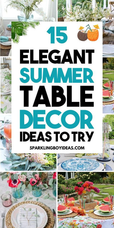 Summer table decorations bring warmth and color to any gathering. Dive into our outdoor summer table settings and beach-themed table decor that will make your summer meals unforgettable. From rustic summer table decor to bright summer tablescapes and tropical table decor, we've got summer decor ideas for every style. Our DIY floral table decor and lemon-themed table decor for a fresh twist. Also, try to add some sunflower table decorations or fruit centerpieces for summer to complete the look. Summer Dining Room Table Decor, Summer Dining Table Decor, Summer Table Centerpieces, Outdoor Table Centerpieces, Summer Table Decor, Summer Table Decorations, Outdoor Table Decor, Summer Table Settings, Fruit Centerpieces