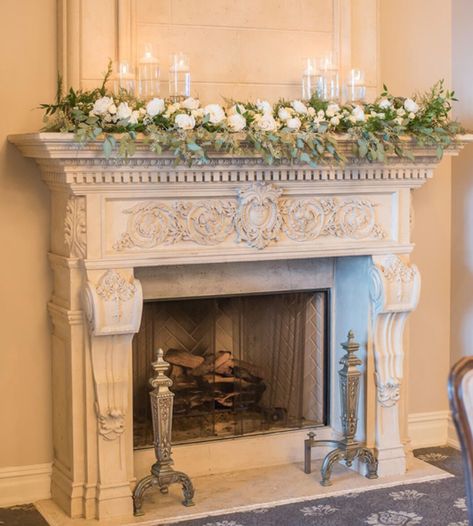 Reception fireplace mantle garland 6 floating candles Maybe Mirror in the middle? Chimney Flower Decor, Wedding Flowers Mantel, Fireplace Arrangements Wedding, Mantle Flower Arrangements Wedding, Simple Fireplace Wedding Decor, Chimney Wedding Decor, Flowers On Mantle Wedding, Fireplace Mantel Wedding Flowers, Wedding Fireplace Mantel Decor