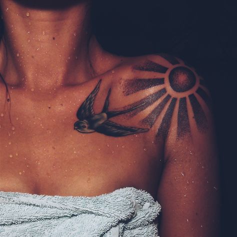 Rising Sun Shoulder Tattoo, Sun Shoulder Tattoos For Women, Sun On Shoulder Tattoo, Sun Ray Tattoo, Sun Tattoo On Shoulder, Shoulder Sun Tattoo, Bronze Tattoo, Sun Tattoo Shoulder, Sun Shoulder Tattoo