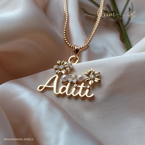 Add floral design to your name. #namependant #namenecklace #personalisedjewellery #goldnamependant Name Mangalsutra Designs Gold, Name Mangalsutra Designs, Name Necklace Design, Necklace Name Design, Mangalsutra Design, Black Beads Mangalsutra, Black Beads Mangalsutra Design, Anklet Designs, Modern Gold Jewelry