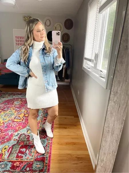 A sweater dress is my favorite kind of fall dress, paired this white dress with an oversized jean jacket and western booties for the cutest fall outfit. This dress and booties are both amazon finds! #LTKsalealert #LTKshoecrush #LTKstyletip #amazonfashion #amazonfinds how to style a sweater dress, fall outfit ideas, fall outfit inspo, thanksgiving outfit, #fallfashion #fallstyle White Sweater Dress Outfit, Sweater Dress Outfit Ideas, Sweater Dress Outfits, Style A Sweater Dress, Sweater Dress Leggings, Sweater Dress Fall, Chunky Sweater Dress, Ladylike Outfits, White Oversized Sweater