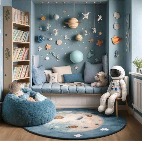 Neutral Space Theme Bedroom, Planet Themed Bedroom, Kids Bedroom Space Theme, Space Theme Bedroom Ideas, Space Themed Baby Room, Boys Bedroom Space Theme, Space Themed Boys Room, Space Themed Playroom, Space Playroom Ideas