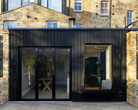 Black Vertical Cladding Exterior, Black Timber Cladding Extension, Zinc Cladding Extension, Cladded Extension Ideas, Black Cladding Exterior, Burnt Timber Cladding, Burnt Timber, Zinc Cladding, Black Cladding