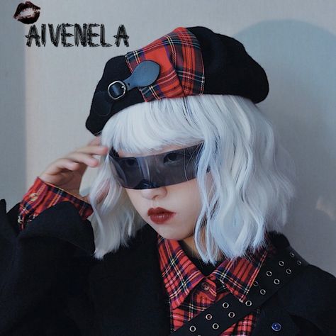 Black Street Fashion, Tartan Hat, Gothic Harajuku, Black Beret, Girl Punk, Harajuku Women, Plaid Hats, Gothic Accessories, Beret Hat