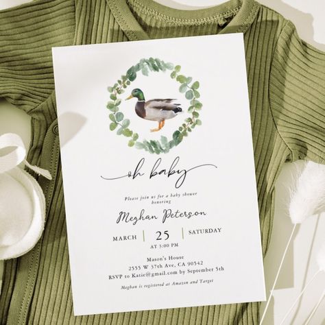 $2.95 | Gender Neutral Mallard Duck Baby Shower  Invitation #duckbabyshower #mallardduck #duckinvitation #duckparty #genderneutral #babyshowerinvites #ducktheme #duckhunting #mallardbabyshower #babyshowerinvitations Ducks Baby Shower Ideas, Hunter Baby Shower Theme, Duck Hunting Gender Reveal, Duck Hunting Baby Shower Theme, Mallard Duck Baby Shower Ideas, Duck Nursery Theme, Duck Themed Nursery, Hunting Baby Shower Ideas, Mallard Duck Nursery