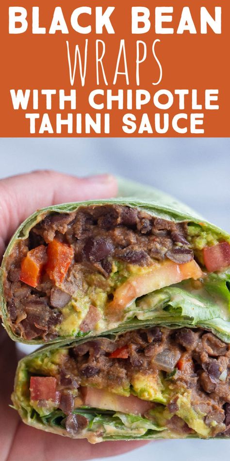 These Black Bean Wraps are easy to make and great for weekday lunches. The beans are spiced perfectly and the chipotle tahini sauce adds lots of depth of flavor. Serve with a side of chips or fries for a complete meal. These vegan black bean wraps will become your new go to lunch recipe! #blackbeanwrap #lunchrecipe #veganfood #easymealidea Black Bean Wraps Recipes, Black Bean Wraps, Black Bean Curry, Curry Wrap, Bean Wrap, Wfpb Meals, Burger Wrap, Vegan Black Bean Burger, Vegetarian Wraps