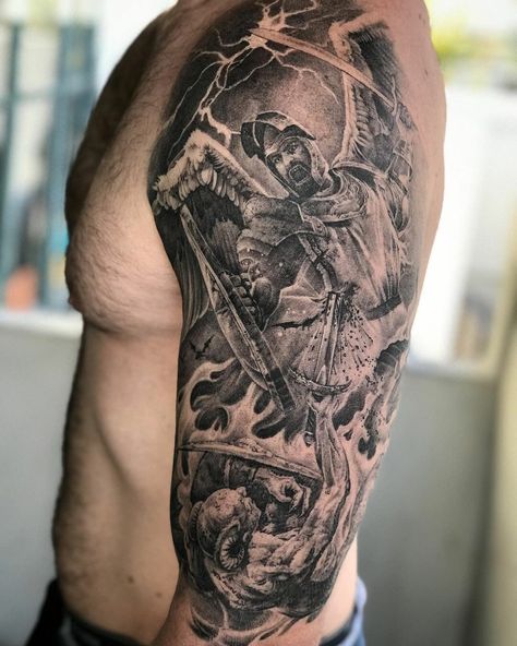 Good Vs Evil Sleeve Tattoo Ideas Evil Tattoos For Men, Good Vs Evil Tattoo Ideas, Good And Evil Tattoo Battle Between, Good And Evil Tattoo For Men, Good Vs Evil Tattoo Sleeve, Angel Vs Demon Tattoo, Hell Tattoo Ideas, Good And Evil Tattoo, Heaven And Hell Tattoo