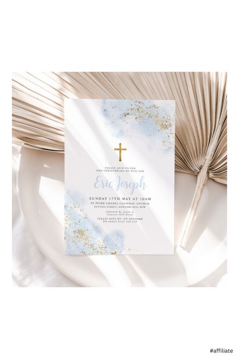 Baptismal Party, Boy Christening, Baptism Invitation, Baptism Invitations, Gold Cross, Blue Watercolor, Christening, Blue Gold, Party Decorations