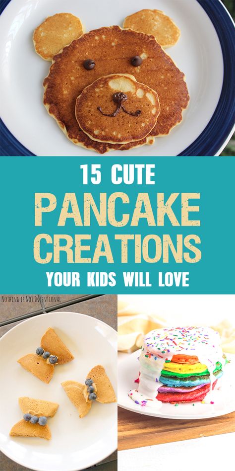 15 Cute Pancake Creations Your Kids Will Love Pancake Creations, Fun Kid Breakfast, Bear Pancakes, Fun Pancakes, Pancake Designs, Kids Pancakes, Rainbow Pancakes, Recipe Cheesecake, Creative Breakfast