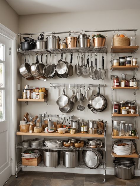 17 Pantry Storage Ideas – The DIY Desire Kitchen Utensils Storage Ideas, Wall Kitchen Storage Ideas, Kitchen Pot Storage Ideas, No Pantry Ideas, Shallow Pantry Ideas, Pot And Pan Storage Ideas, Door Pantry Storage, Kitchen Wall Storage Ideas, Open Kitchen Storage