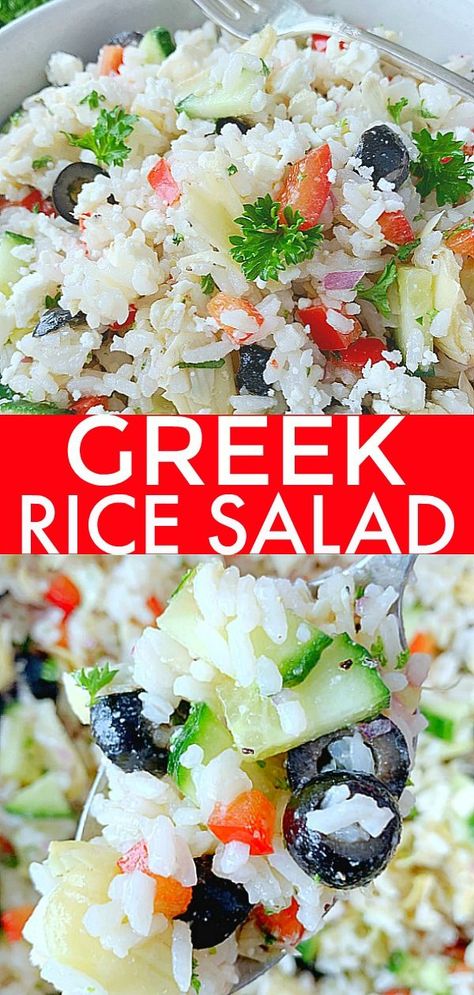 Greek Rice Salad | Foodtastic Mom #ricerecipes #ricesalad Cauliflower Rice Salad Recipes Cold, Greek Rice Salad Recipes Cold, Salads With Rice Recipes, Cold Rice Salad Recipes Side Dishes, Cold Rice Salads Summer, Rice Salads For Parties, Cauliflower Rice Salad Recipes, Easy Rice Salad Recipes Cold, Mediterranean Rice Salad