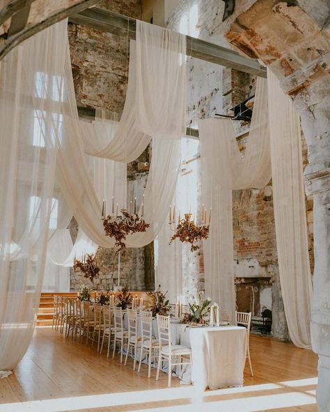 wedding • Instagram February Wedding Ideas, Beach Table Decorations, Ceiling Swag, Wedding London, Engagement Decor, Fabric Installation, Beach Table, February Wedding, Wedding Instagram