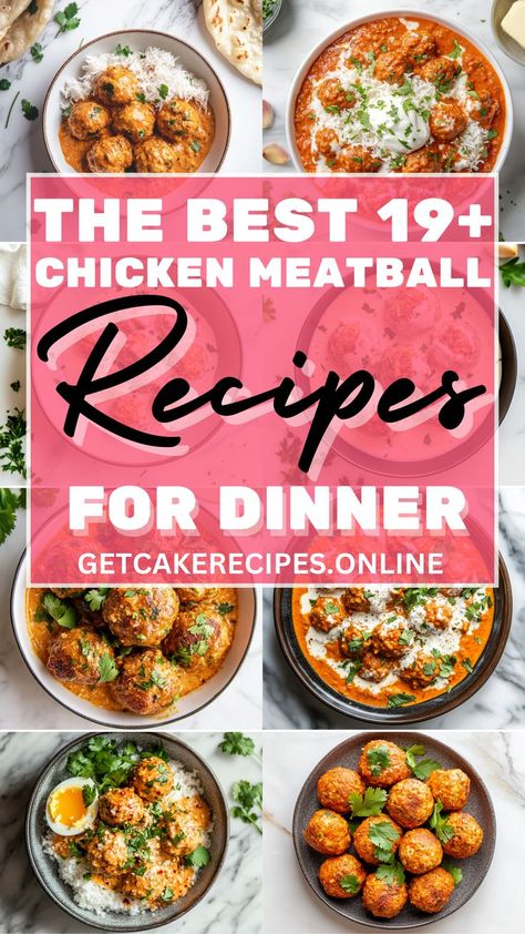 A variety of healthy and creamy chicken meatball dishes perfect for weeknight dinners, including chicken parm meatballs and appetizers. Meatball Recipes For Dinner, Healthy Meatball Dinner, Dinner Ground Chicken, Meatball Appetizer Recipes, Meatball Dinner Recipes, Chicken Parm Meatballs, Chicken Meatballs Healthy, Meatball Appetizer, Healthy Meatballs